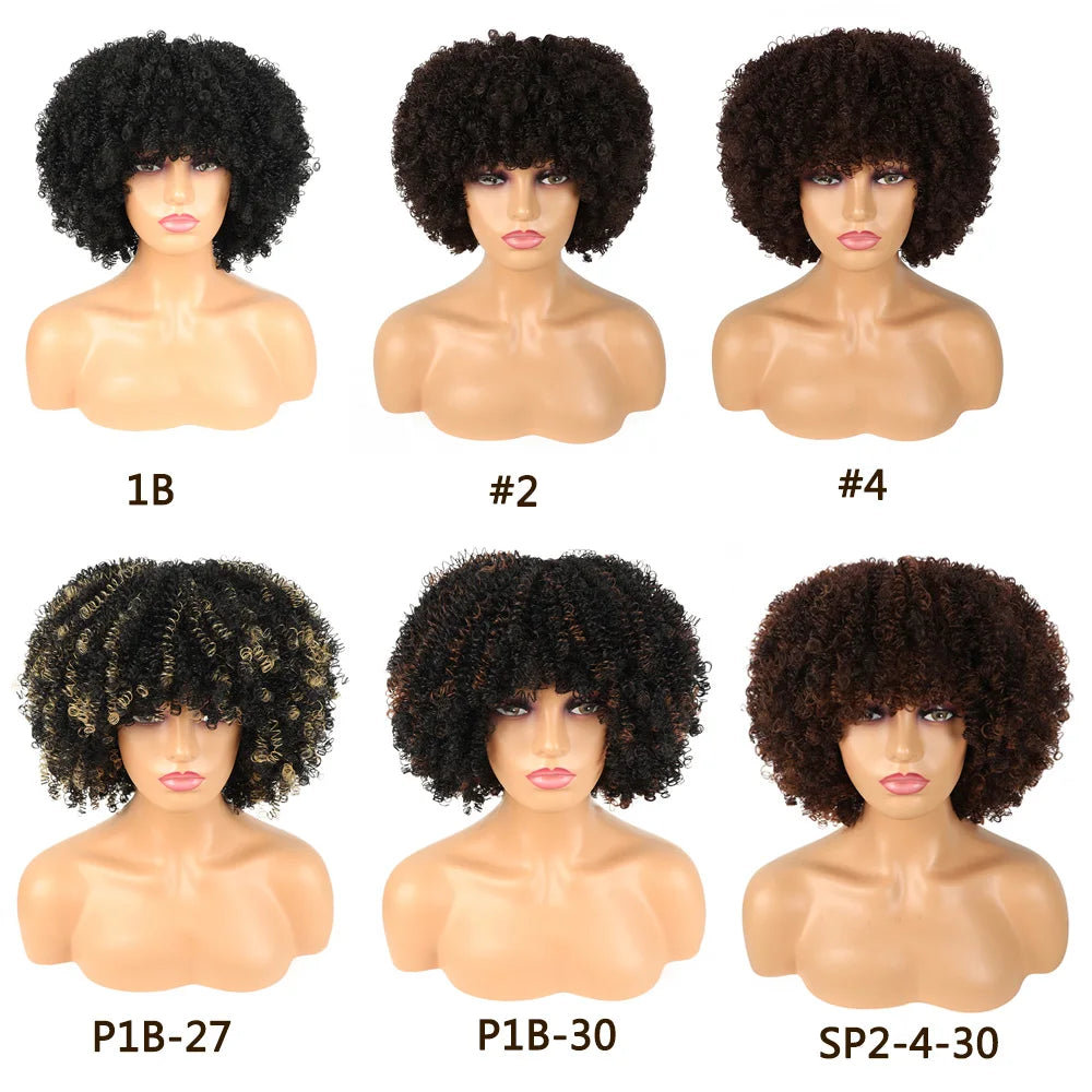 Short Afro Curly Wig with Bangs - Synthetic Natural Curly for Women