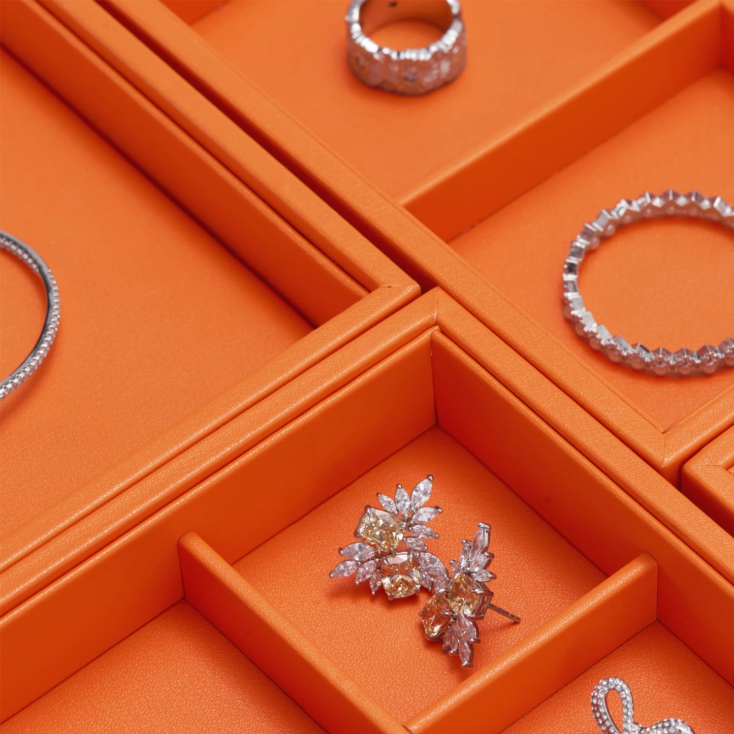 Oirlv New Luxury Orange Leather Stackable Jewelry Tray Jewelry Drawer Organizer Trays Rings Earrings Storage Display Props