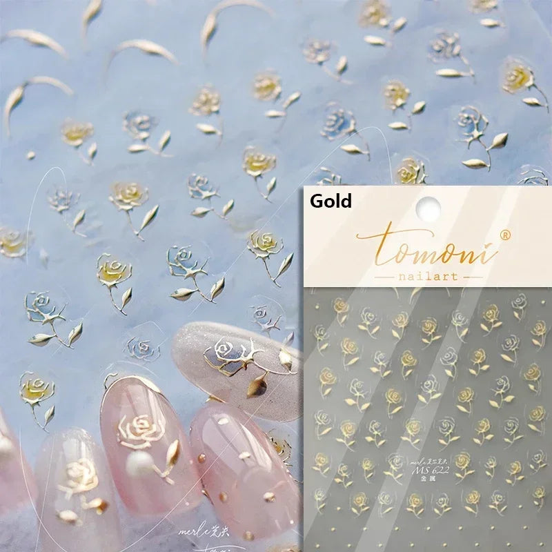 Yellow Autumn Osmanthus Flower Chrysanthemum Butterfly 5D Nail Art Sticker Chinese Character Vase Relief Adhesive Manicure Decal