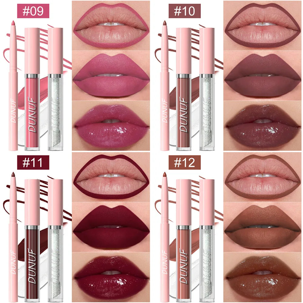 DUNUF 3 In 1 Matte Lipglaze Lip Liner Moisturize Clear Lip Oil Set Cosmetics Waterproof Long lasting Plumer Mirror Lips Gloss