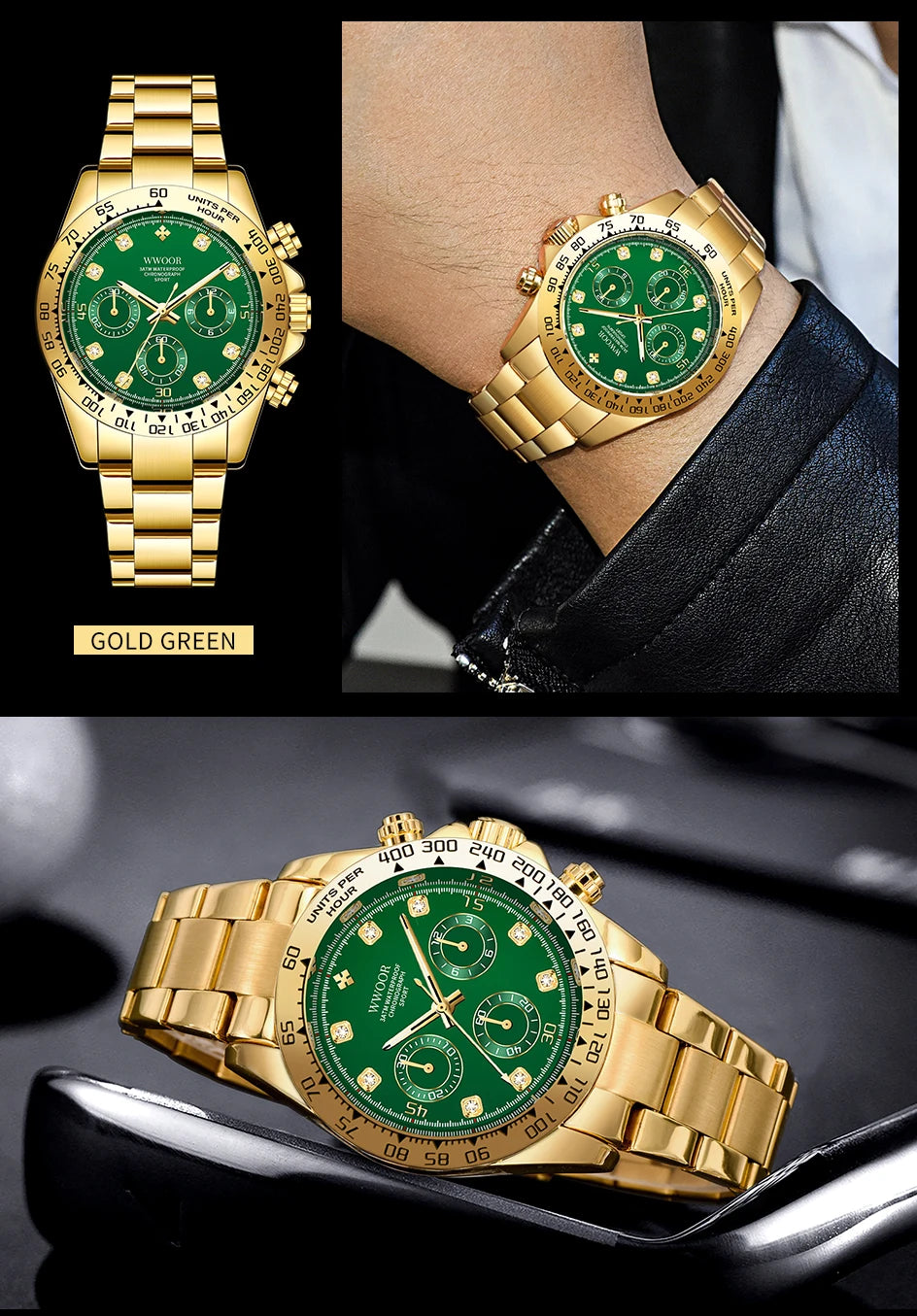 WWOOR 2024 New Mens Watches Top Brand Quartz Japanese Chronograph Stopwatch Waterproof Stainless Wristwatches Relogio Masculino