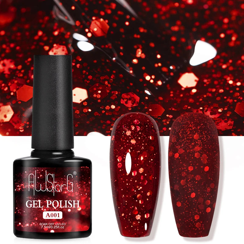 7.5ml Red Glitter Gel Nail Polish Crystal Semi Permanent Soak Off UV Gel Varnish Nail Art Manicure Base Matte Top Coat Vernis