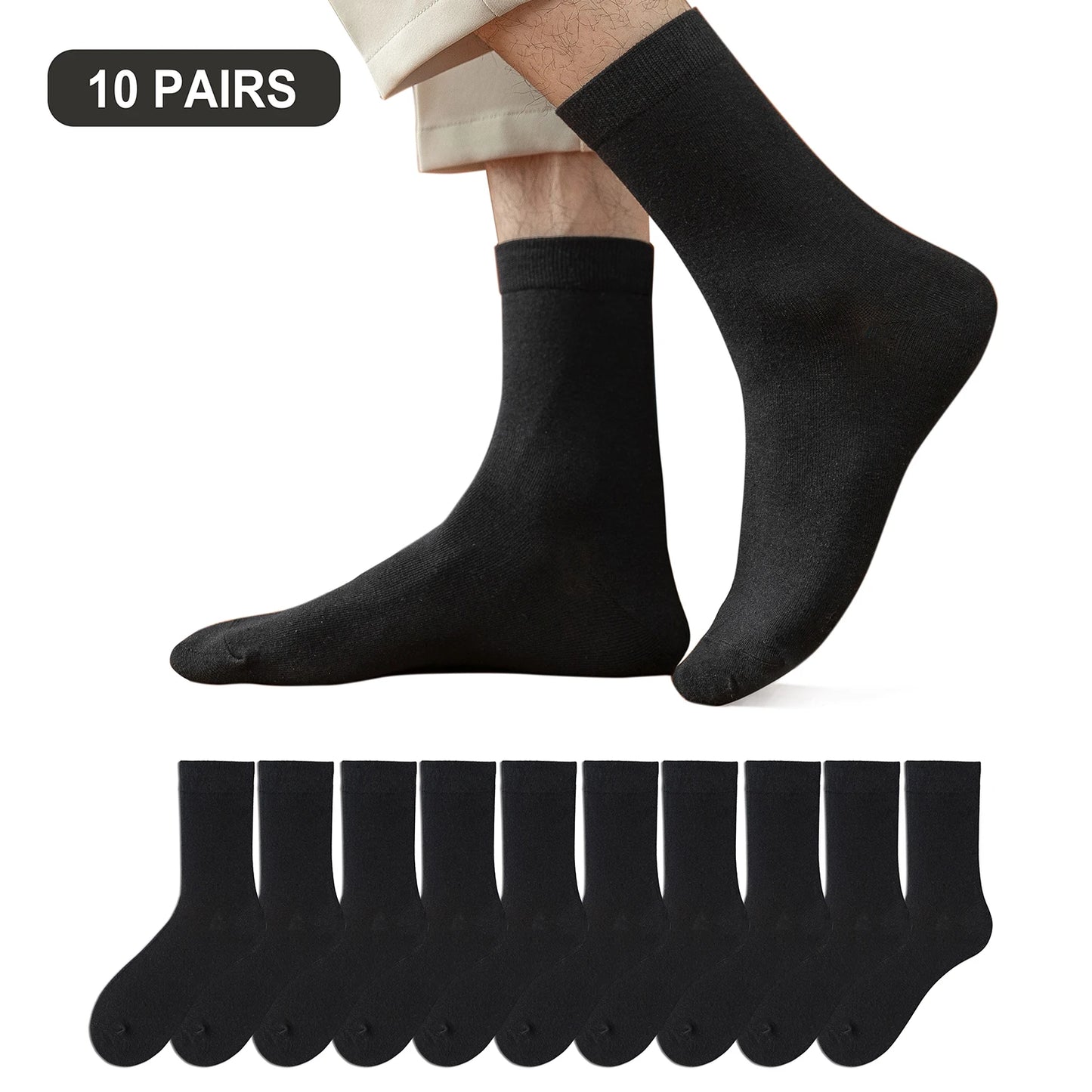 10 Pairs New Men's Cotton Socks Black Business Men Socks Soft Breathable Autumn Spring for Male White US6-10