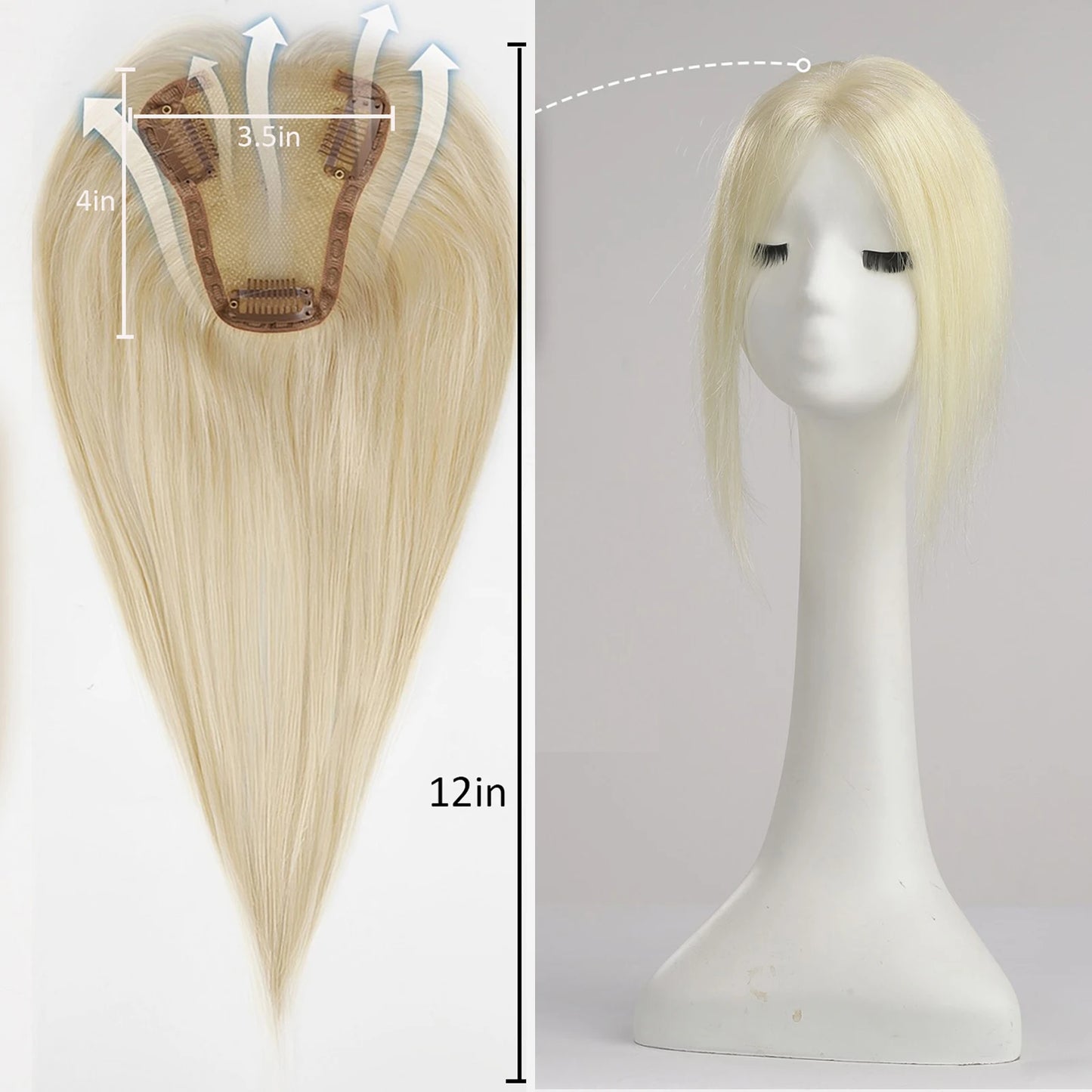 Women Human Hair Toppers Middle Part Ombre Light Brown Blonde Human Toupee Hair Pieces with Thinning Hair Base Clip in Toppers