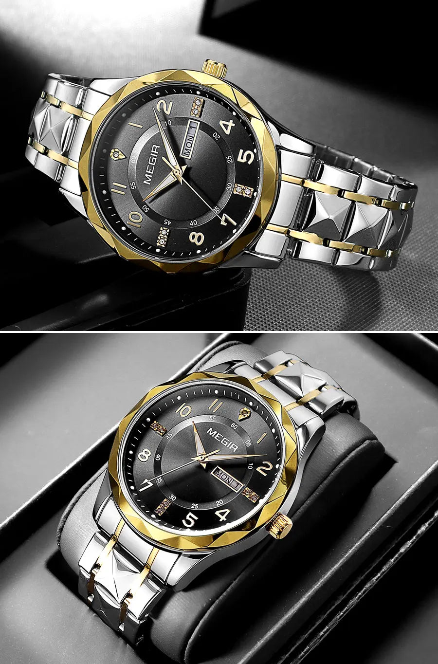 MEGIR Elegant Simple Style Men Quartz Watch with Date Day Display Fashion Stainless Steel Strap Alloy Case Ladies Wristwatch