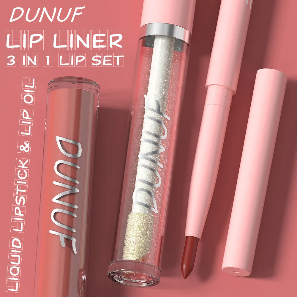 DUNUF 3 In 1 Matte Lipglaze Lip Liner Moisturize Clear Lip Oil Set Cosmetics Waterproof Long lasting Plumer Mirror Lips Gloss