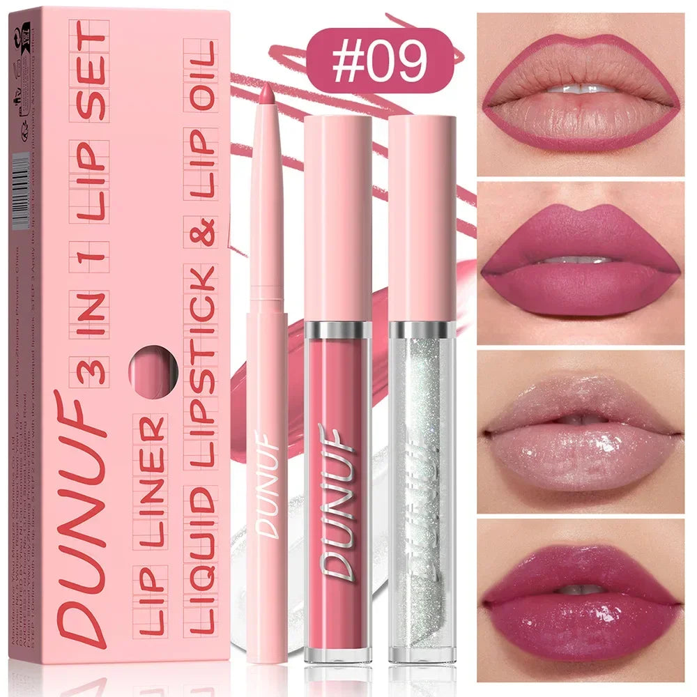 DUNUF 3 In 1 Matte Lipglaze Lip Liner Moisturize Clear Lip Oil Set Cosmetics Waterproof Long lasting Plumer Mirror Lips Gloss