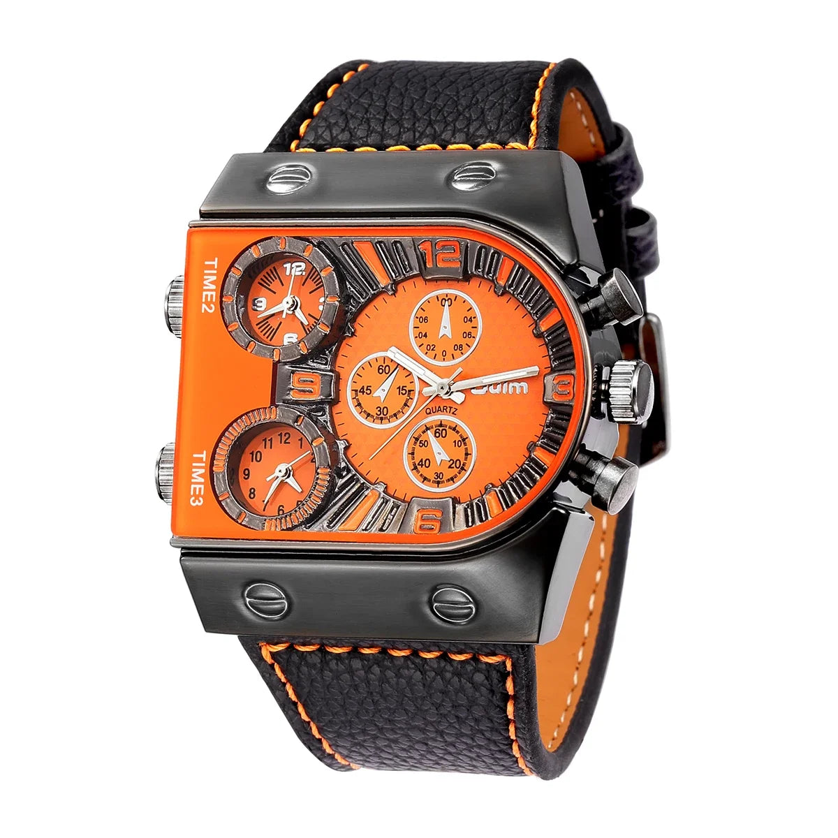 Oulm 9315 Men's Three Time Zone Watch Casual Leather Strap Wristwatch Unique Design Outdoor Sports Male Clock Watches