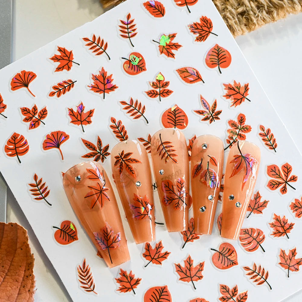 12Pcs Fall Maple Leaf Nail Decals Holographic Laser Maple Leaves Nail Art Sticker Self-Adhesive Thanksgiving Day Nail Decoration