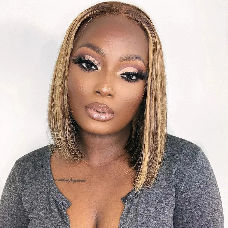 Highlight P4/27 Bob Wigs Brazilian Straight 13x4 T Lace Front Bob Wig Sleek Remy Human Hair Wigs 220% Density Orange Color