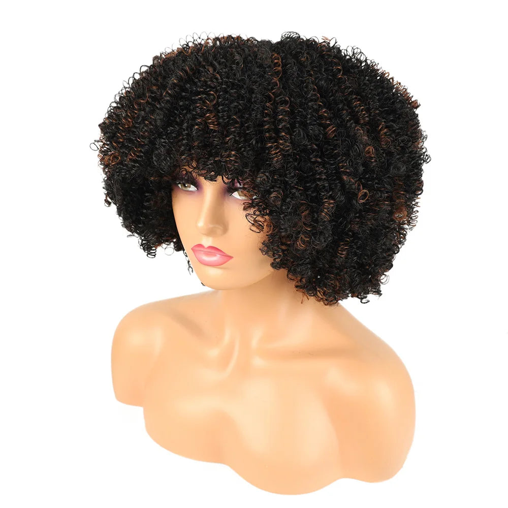 Short Afro Curly Wig with Bangs - Synthetic Natural Curly for Women