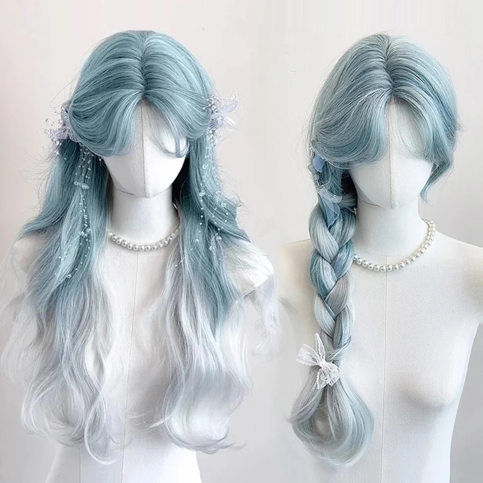 Platinum Blue Gradient Long Curly Wig - Heat Resistant Synthetic Cosplay