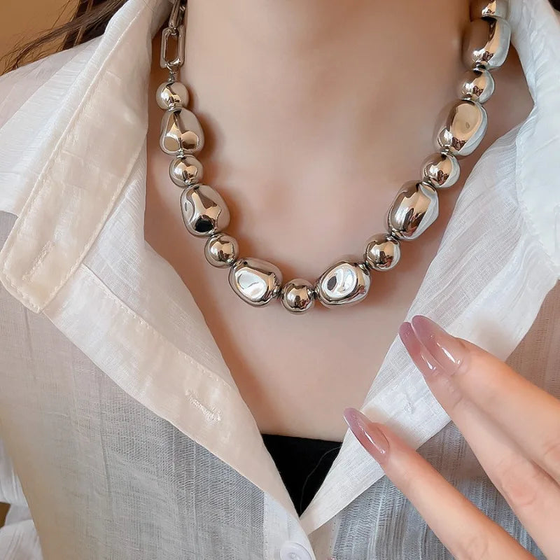 Minar Punk Irregular Metallic ABS Beads Strand Beaded Necklace for Women Silver Plated Metal Alloy Hollow Link Chain Chokers