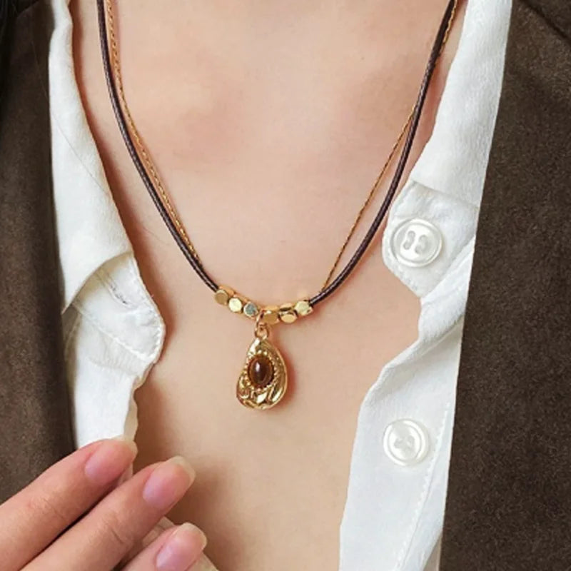 Bohemian Sun Star Zircon Necklace for Women Vintage Leather Necklace Double Layered Pendant Chain Choker Fashion Gem Jewelry