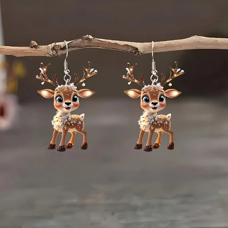 1 pair of cute and charming Christmas elk earrings, 2D acrylic cartoon earrings holiday gift