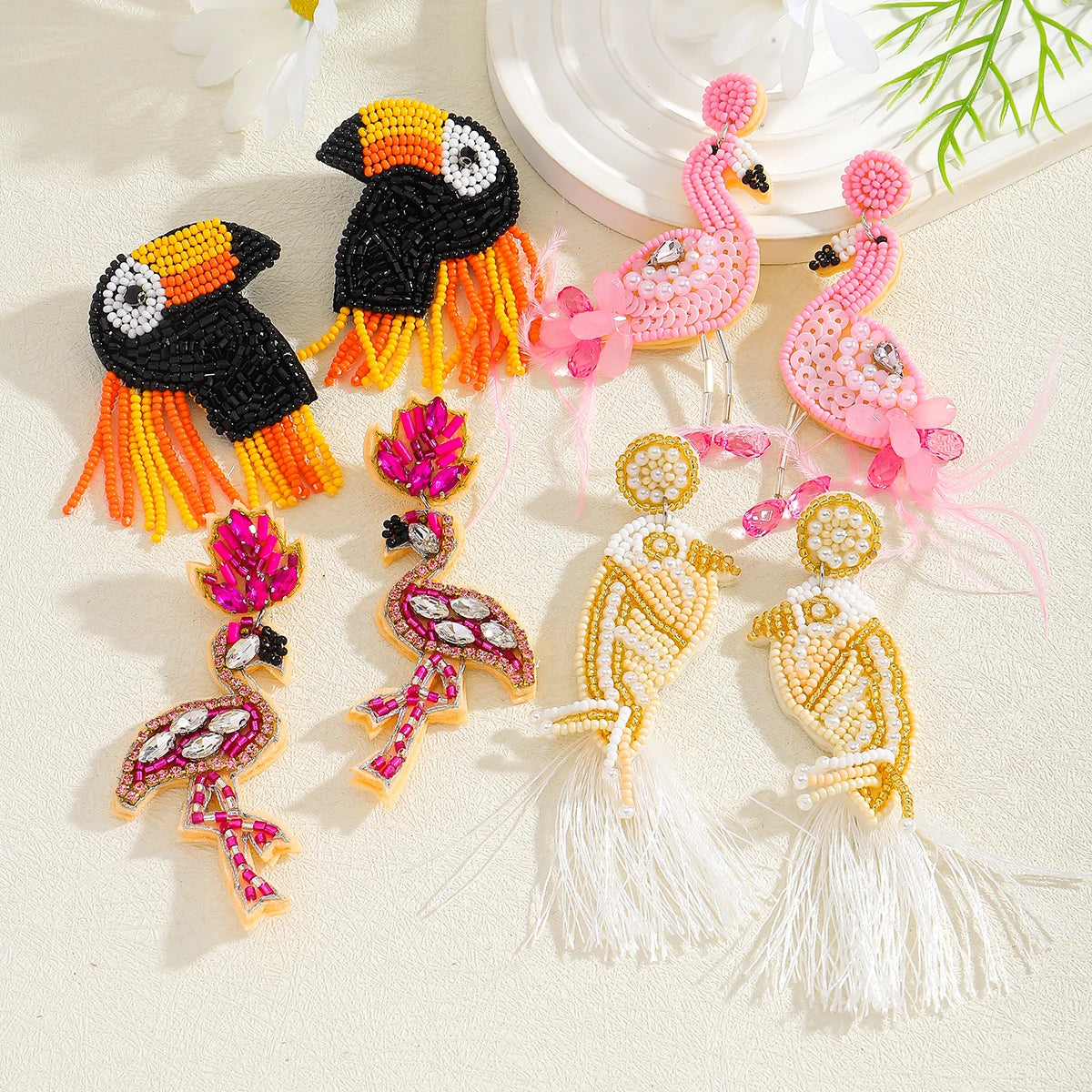 ZAA Exaggerated Rice Beads Bird Dangle Earrings For Women Bohemia Handmade Beaded Tassel Charm Earrings Orange Halloween Jewelry