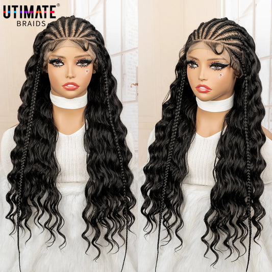Synthetic Black Hair Wig with Braids for Women 28 Inch Wavy Natural Looking Synthetic Heat Resistant Fiber Wig for Daily Use