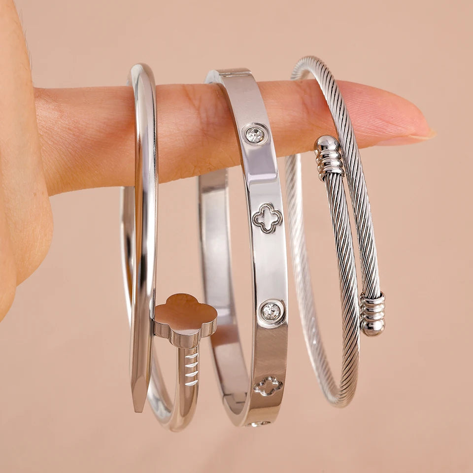 Yupsk New Creative Four-leaf Flower Series Stainless Steel Bracelets Set for Women Versatile Stackable Jewelry Couple Gift