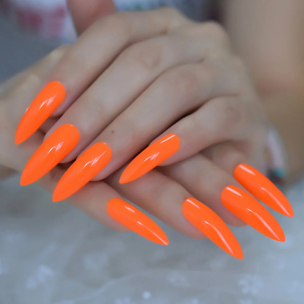 Neon Fake Nails Extremely Long Bright Orange Shiny Press On Nail Carnival Style Decoraion Manicure Tips Salon Nails 24