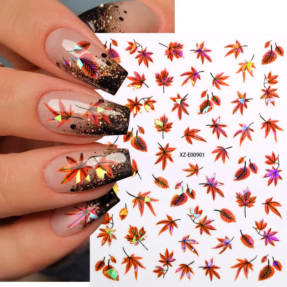 12Pcs Fall Maple Leaf Nail Decals Holographic Laser Maple Leaves Nail Art Sticker Self-Adhesive Thanksgiving Day Nail Decoration