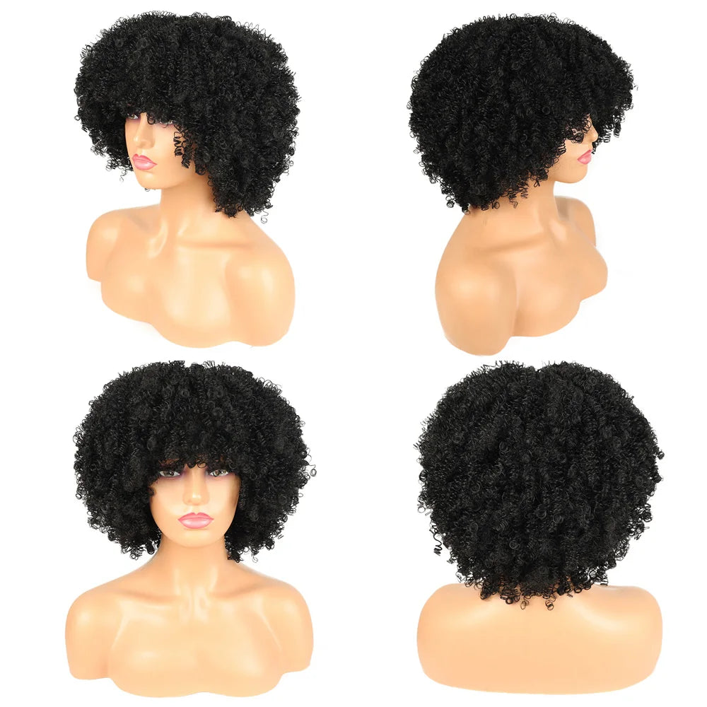 Short Afro Curly Wig with Bangs - Synthetic Natural Curly for Women