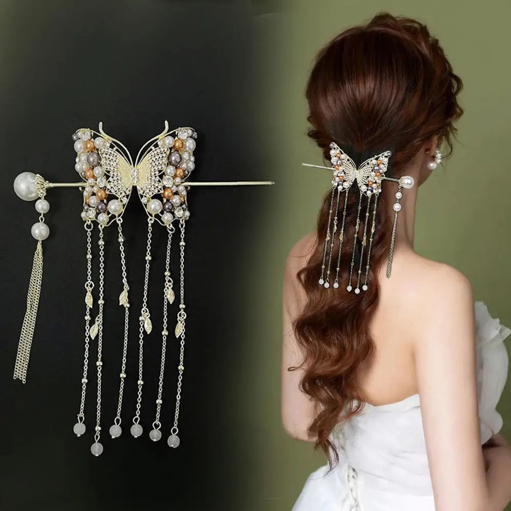 Luxury Pearl Butterfly Hairpin - Colored Alloy Hair Clip with Tassels