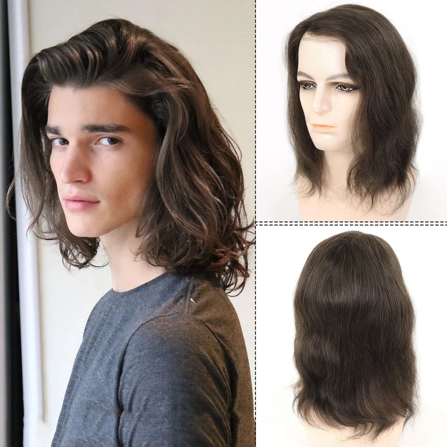 BIO /Full Skin PU Human Hair Men Toupee Blonde Colored 13" Long Straight Human Hair Wigs For Men Replacement Systems Hair Piece