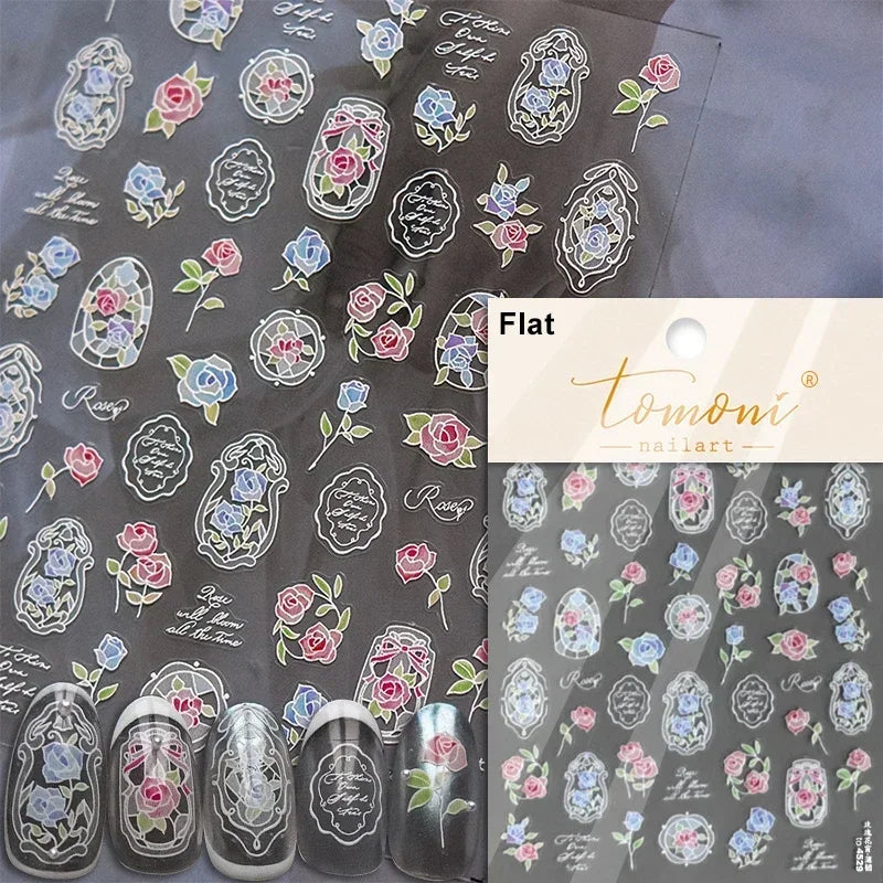 Yellow Autumn Osmanthus Flower Chrysanthemum Butterfly 5D Nail Art Sticker Chinese Character Vase Relief Adhesive Manicure Decal