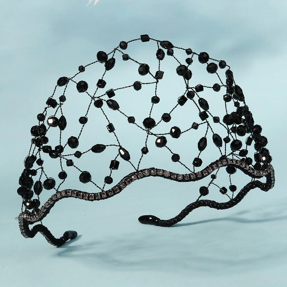 Handmade Crystal Beads Hair Net Crown Wedding Headpieces Hair Jewelry Sparkling Rhinestone Tiara Hair Hoop Elegant Headbands