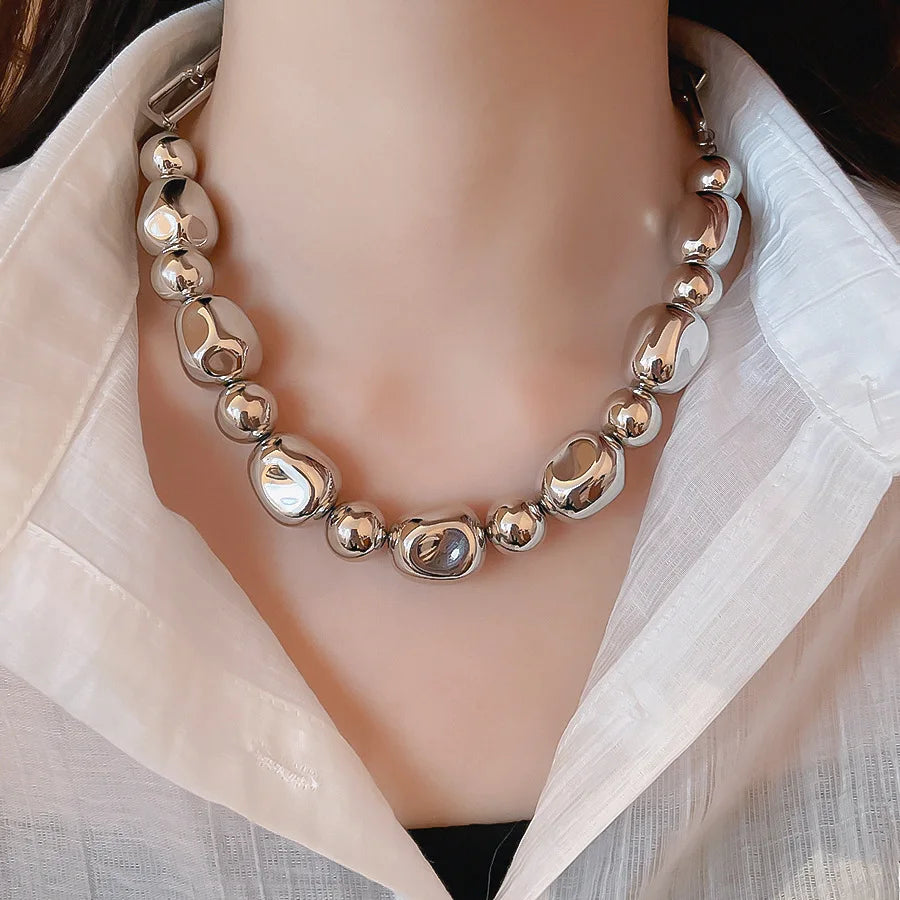 Minar Punk Irregular Metallic ABS Beads Strand Beaded Necklace for Women Silver Plated Metal Alloy Hollow Link Chain Chokers
