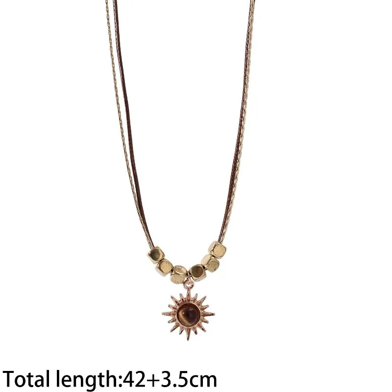 Bohemian Sun Star Zircon Necklace for Women Vintage Leather Necklace Double Layered Pendant Chain Choker Fashion Gem Jewelry