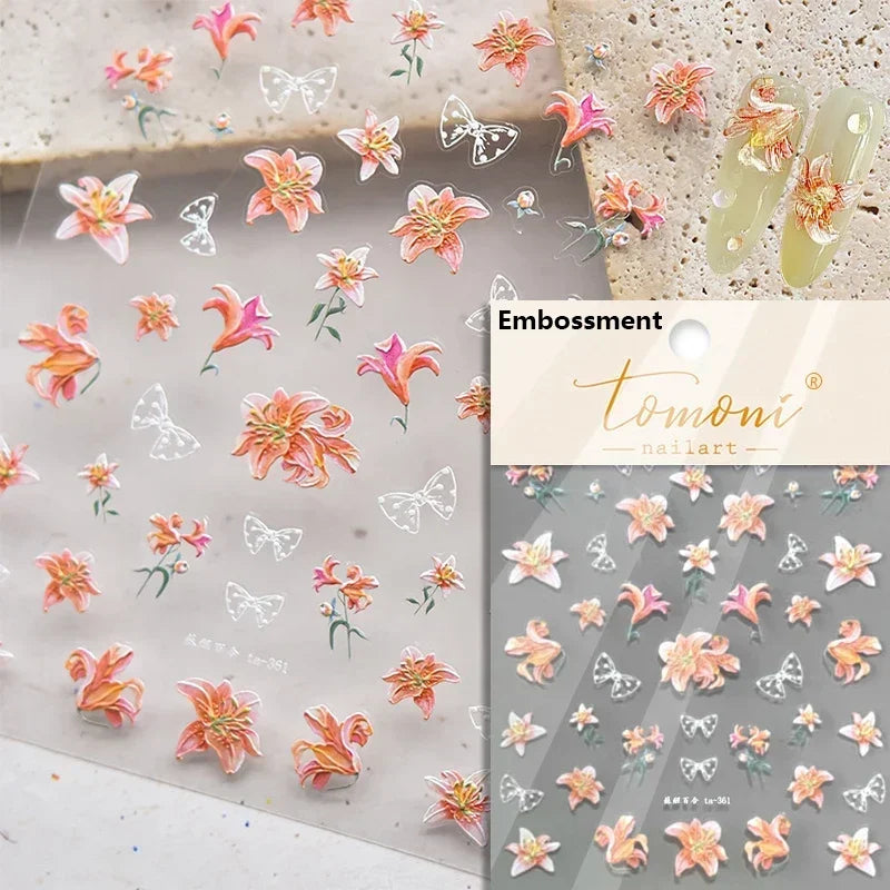 Yellow Autumn Osmanthus Flower Chrysanthemum Butterfly 5D Nail Art Sticker Chinese Character Vase Relief Adhesive Manicure Decal