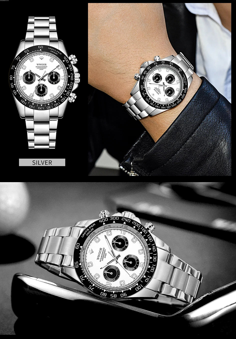 WWOOR 2024 New Mens Watches Top Brand Quartz Japanese Chronograph Stopwatch Waterproof Stainless Wristwatches Relogio Masculino