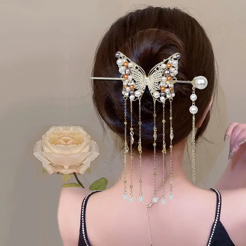 Luxury Pearl Butterfly Hairpin - Colored Alloy Hair Clip with Tassels