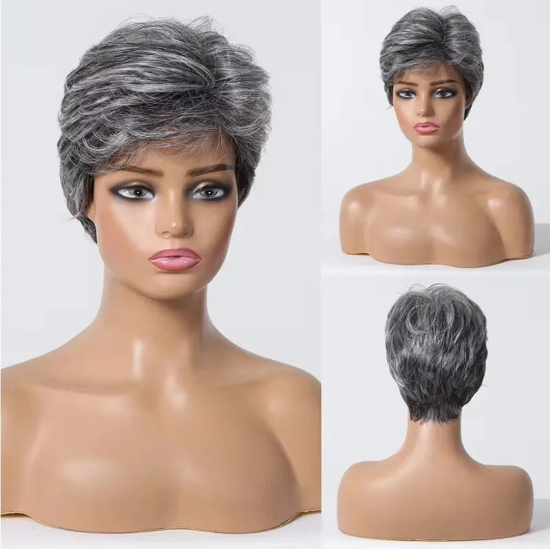 Short Pixie Cut Silvery Gray Blend Hair Wigs for Women with Bangs Ash Natural Straight Layered Human Hair Mixed Synthetic Fiber
