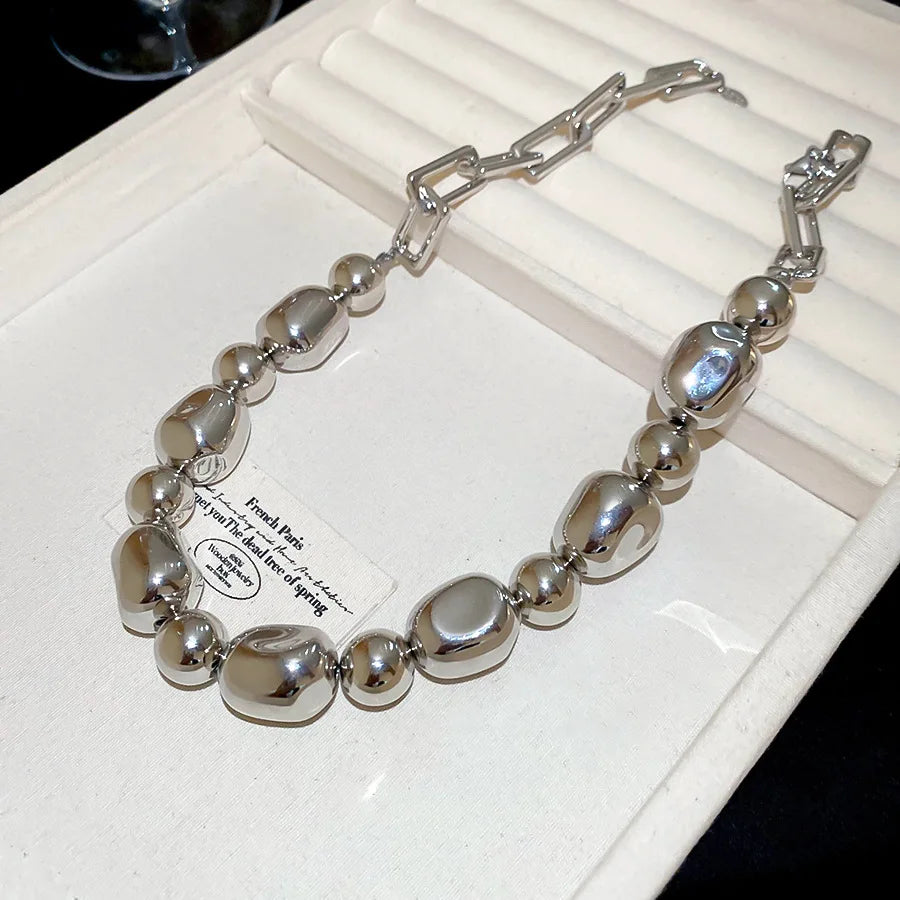 Minar Punk Irregular Metallic ABS Beads Strand Beaded Necklace for Women Silver Plated Metal Alloy Hollow Link Chain Chokers