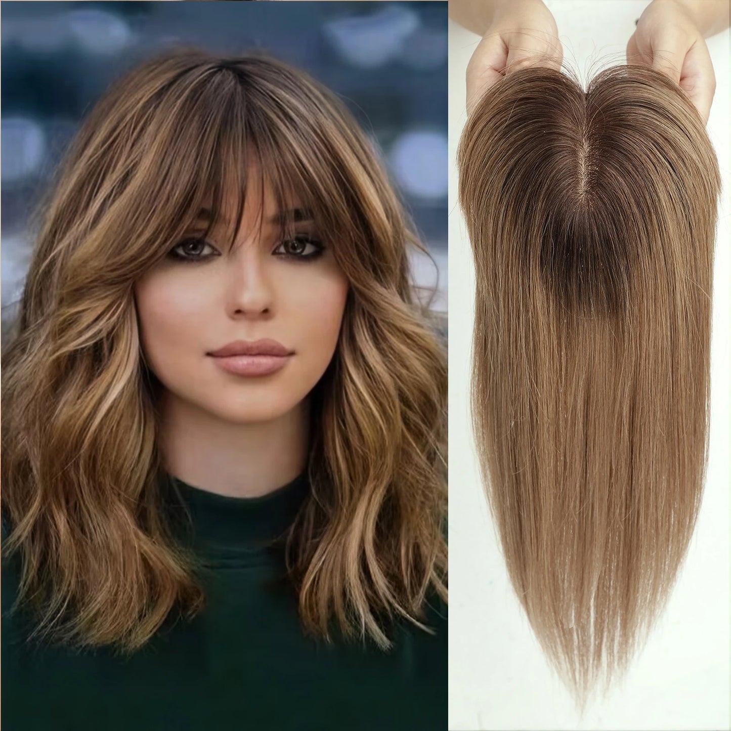 Brown Blonde Ombre 14 Inch Silk Base Human Hair Topper Remy Hair Clip In Top Piece for Women with Bangs Extensions for Thinning
