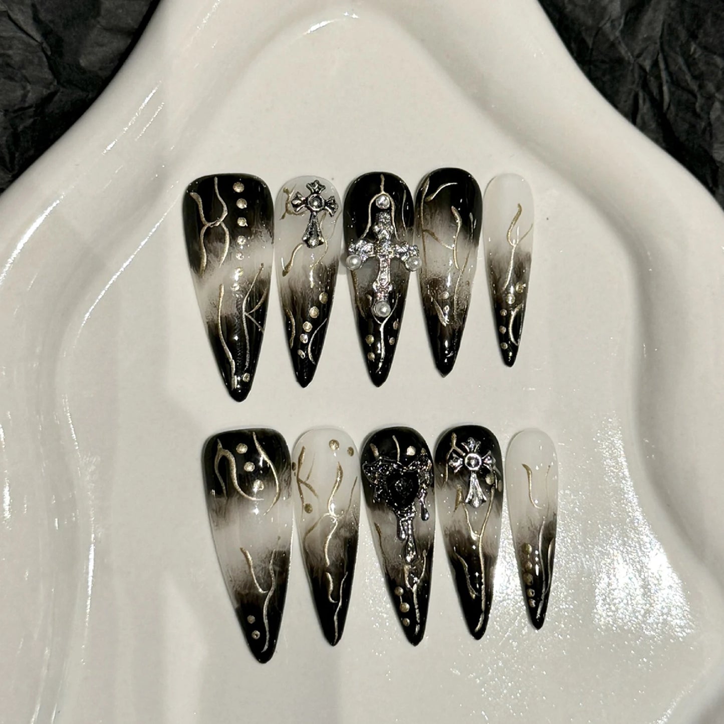 Long Almonds French False Nails Design with Cross Charm Elegant Black Nail Tips for DIY At-Home Manicure