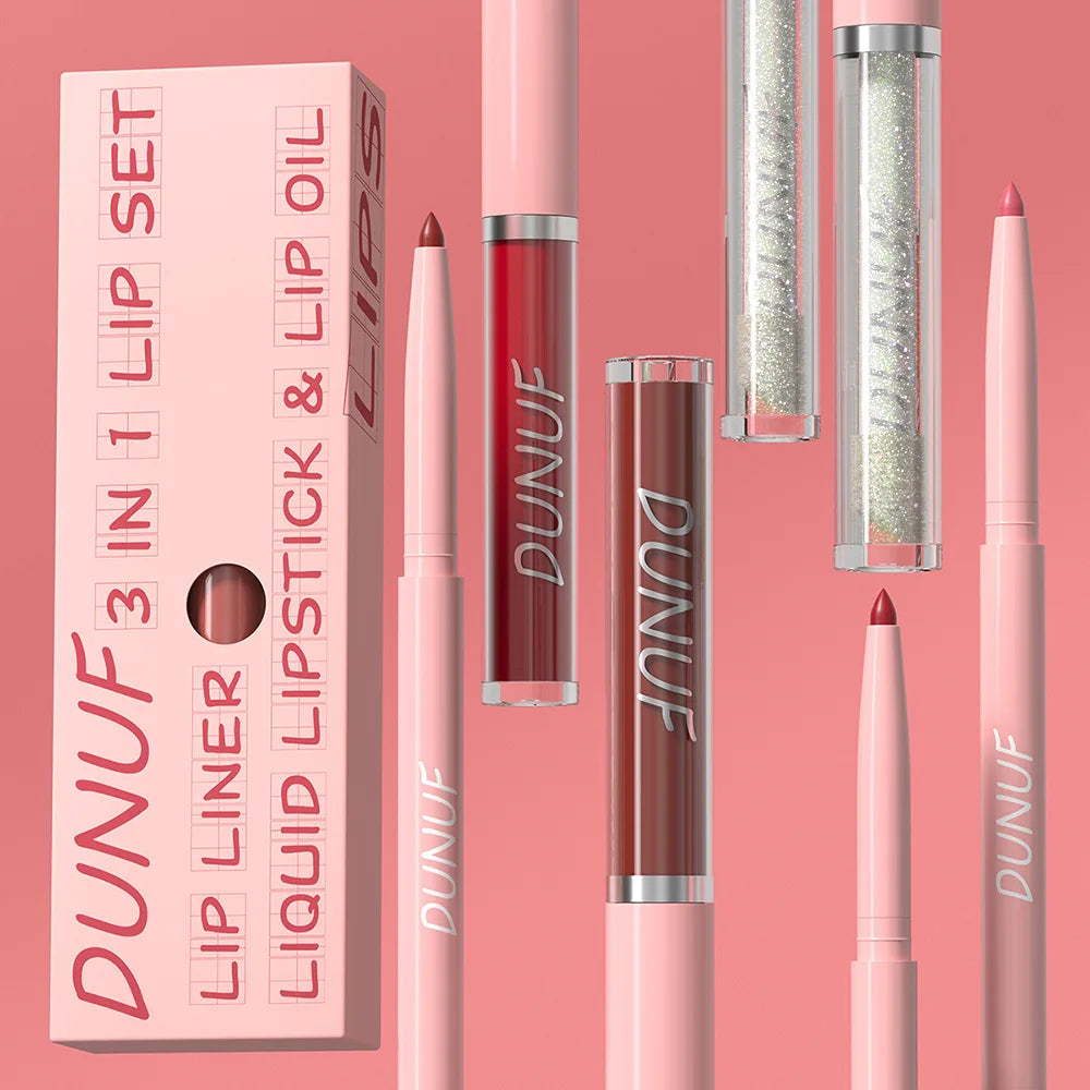DUNUF 3 In 1 Matte Lipglaze Lip Liner Moisturize Clear Lip Oil Set Cosmetics Waterproof Long lasting Plumer Mirror Lips Gloss