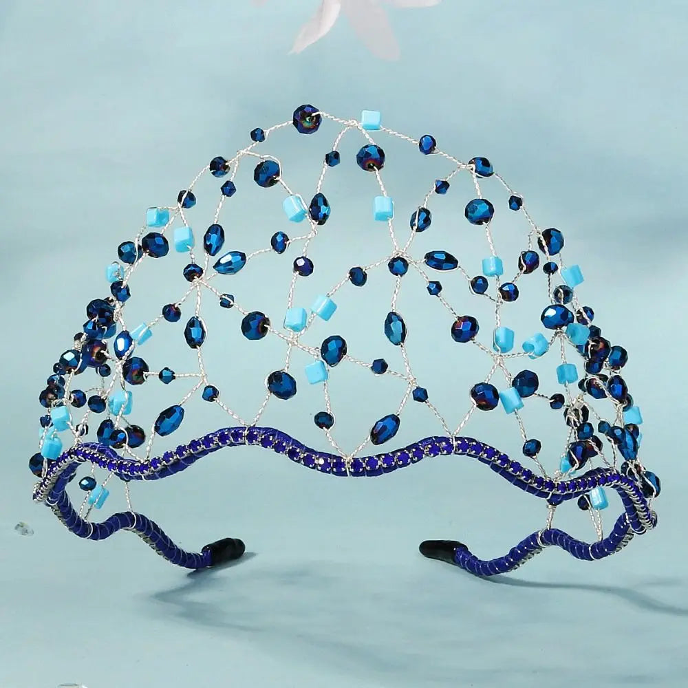 Handmade Crystal Beads Hair Net Crown Wedding Headpieces Hair Jewelry Sparkling Rhinestone Tiara Hair Hoop Elegant Headbands