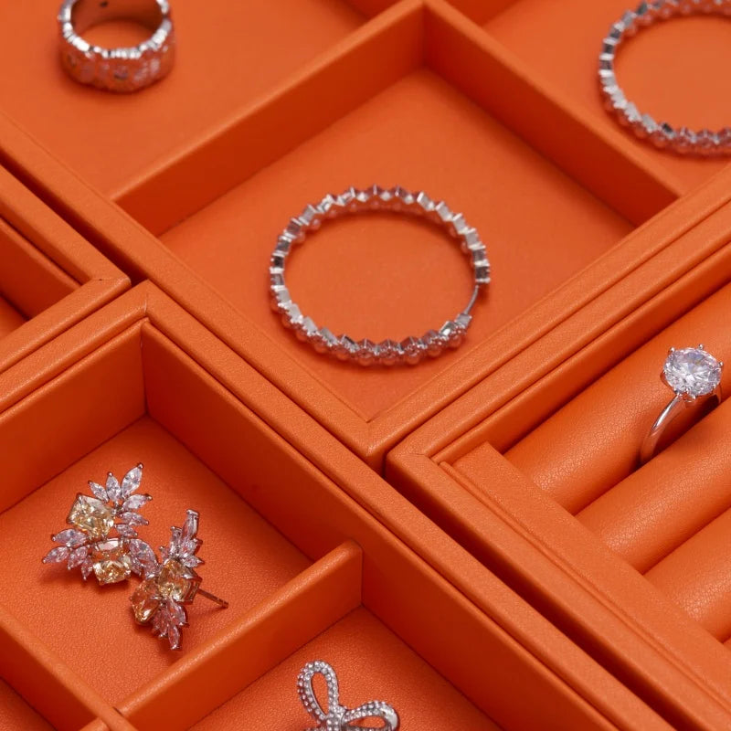 Oirlv New Luxury Orange Leather Stackable Jewelry Tray Jewelry Drawer Organizer Trays Rings Earrings Storage Display Props