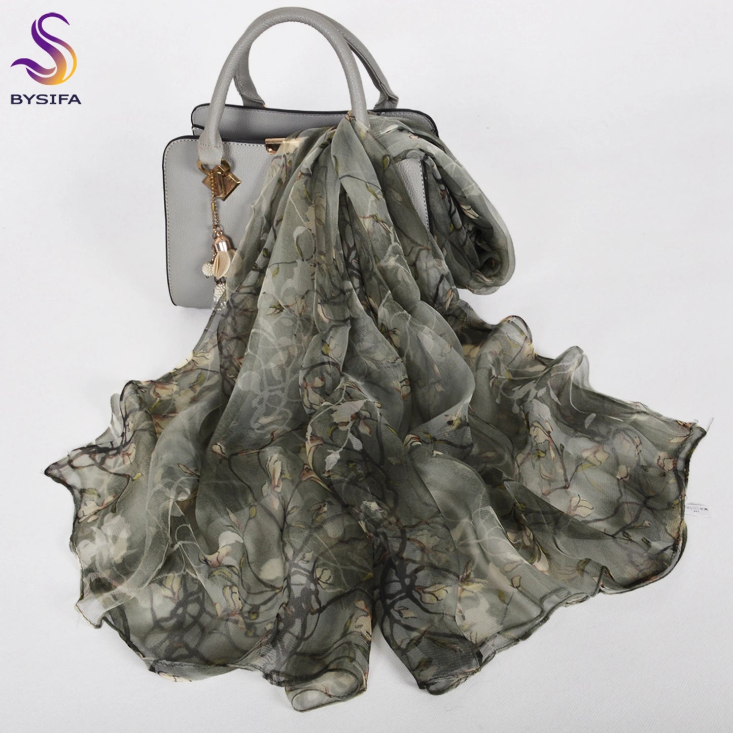 [BYSIFA] Red Black Women Long Silk Scarf Printed 170*105cm Fashion Leaves Pattern Brand 100% Pure Silk Shawl For Spring Autumn