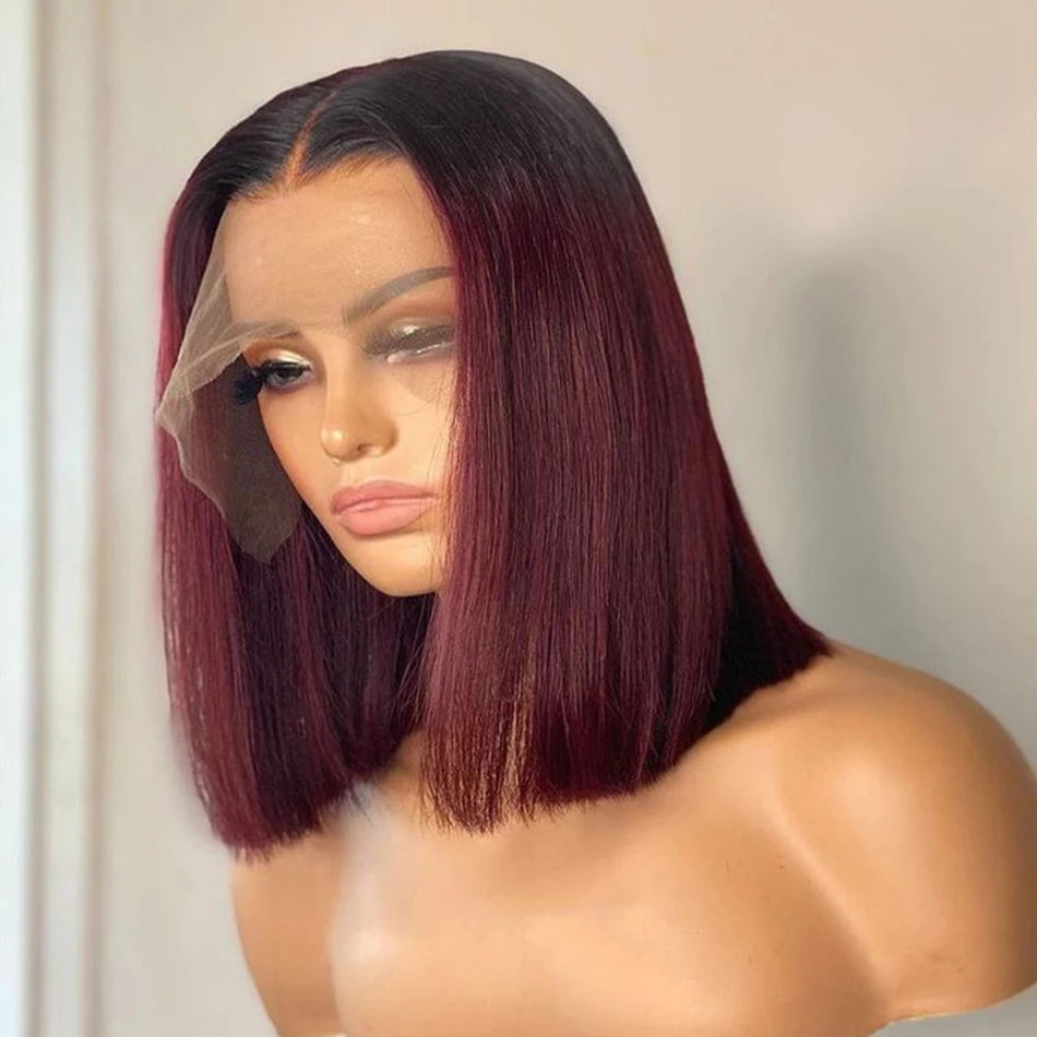 Bone Straight Short Bob Wig Human Hair Wigs For Women Burgundy 13X4 Lace Front Wigs 99J Bob Wig Brazilian Human Hair Pre Plucked