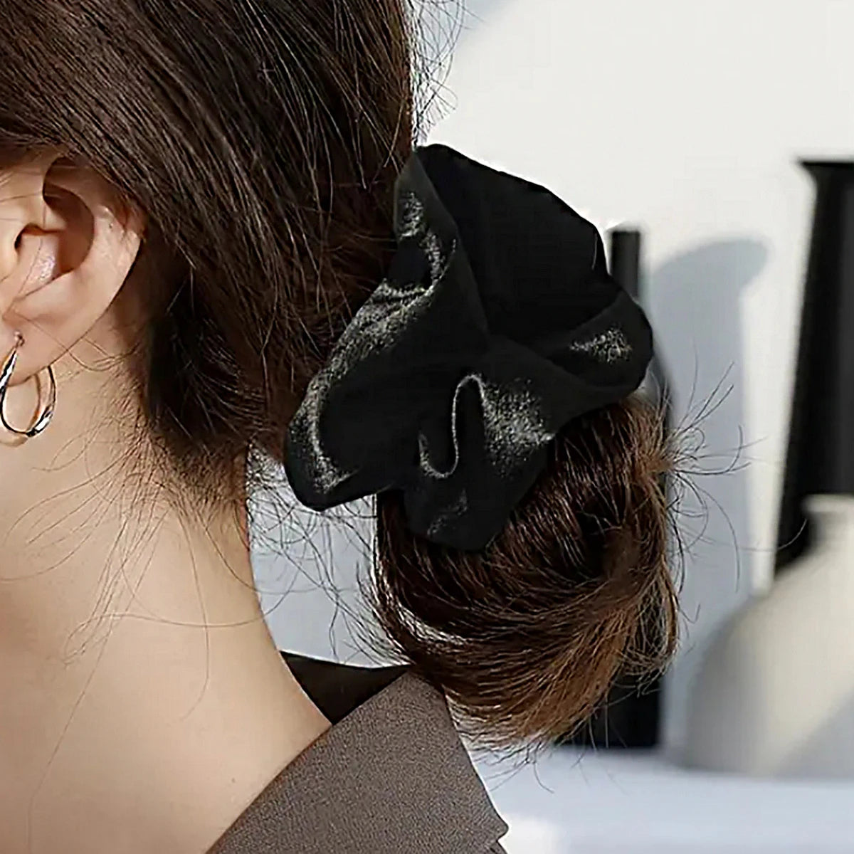 Pure black satin large intestine headband with rubber band headband and spring hair accessory,Special for real hair wigs