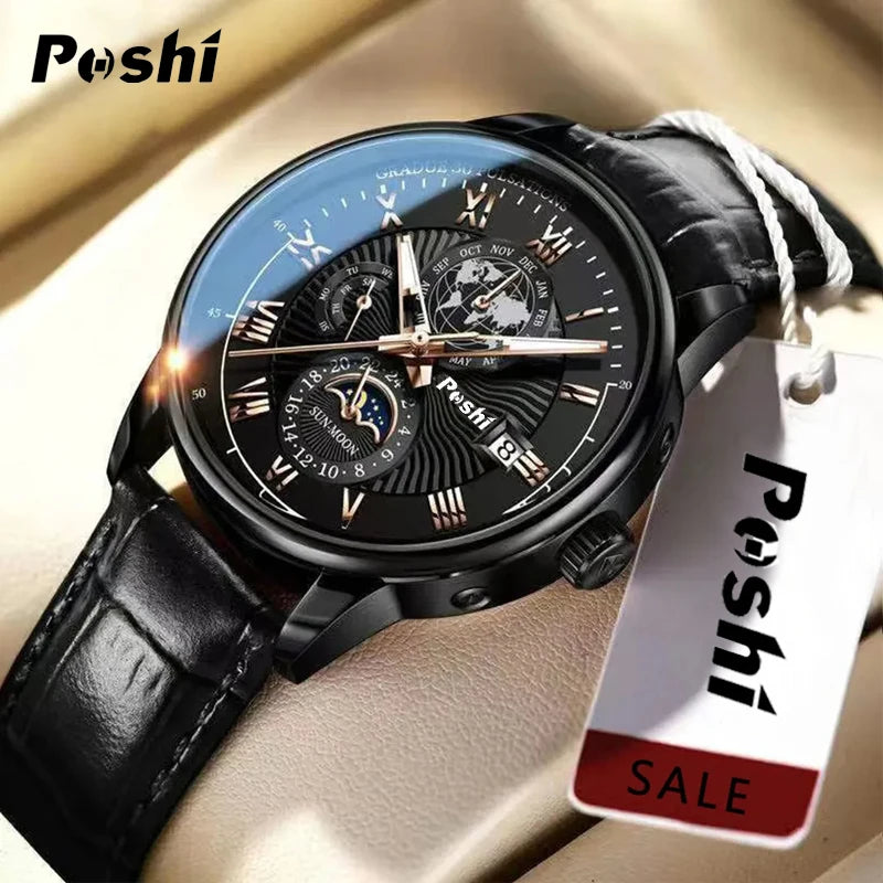 Swiss Brand POSHI Men Watch Fashion Top Luxury Sport Men's Wristwatch Waterproof Luminous Leather Date Quartz Watches Man clock