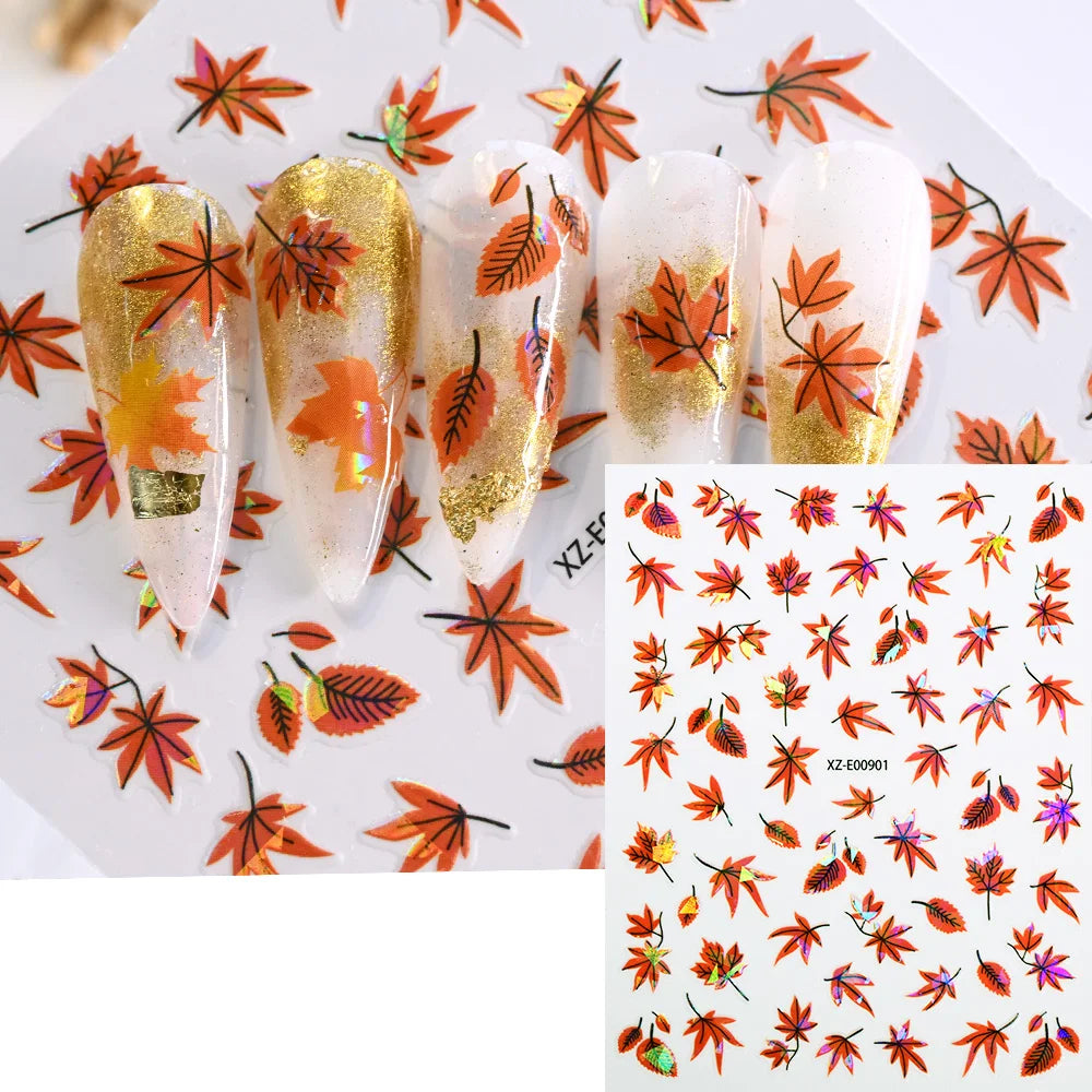 12Pcs Fall Maple Leaf Nail Decals Holographic Laser Maple Leaves Nail Art Sticker Self-Adhesive Thanksgiving Day Nail Decoration