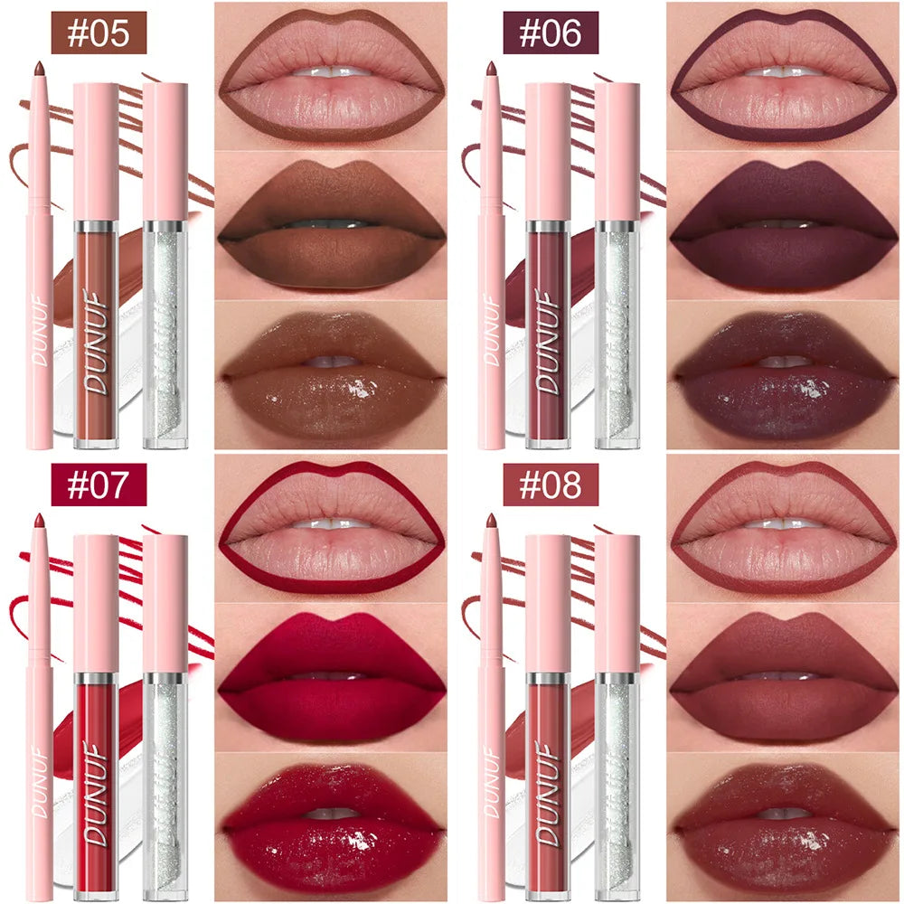 DUNUF 3 In 1 Matte Lipglaze Lip Liner Moisturize Clear Lip Oil Set Cosmetics Waterproof Long lasting Plumer Mirror Lips Gloss