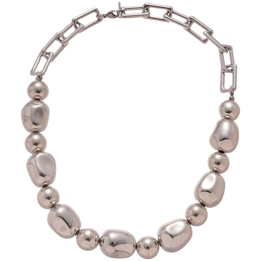 Minar Punk Irregular Metallic ABS Beads Strand Beaded Necklace for Women Silver Plated Metal Alloy Hollow Link Chain Chokers