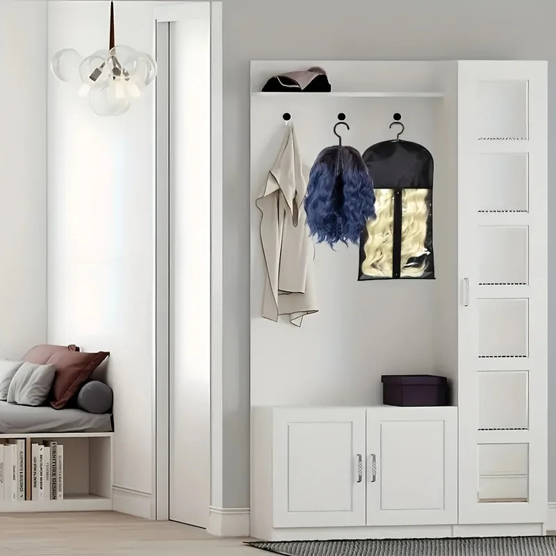 3pcs Wig Storage Set with Hooks Transparent Dust Bags Non-Woven Moisture-Proof Cover for Wigs Hairpieces Organizer Holder