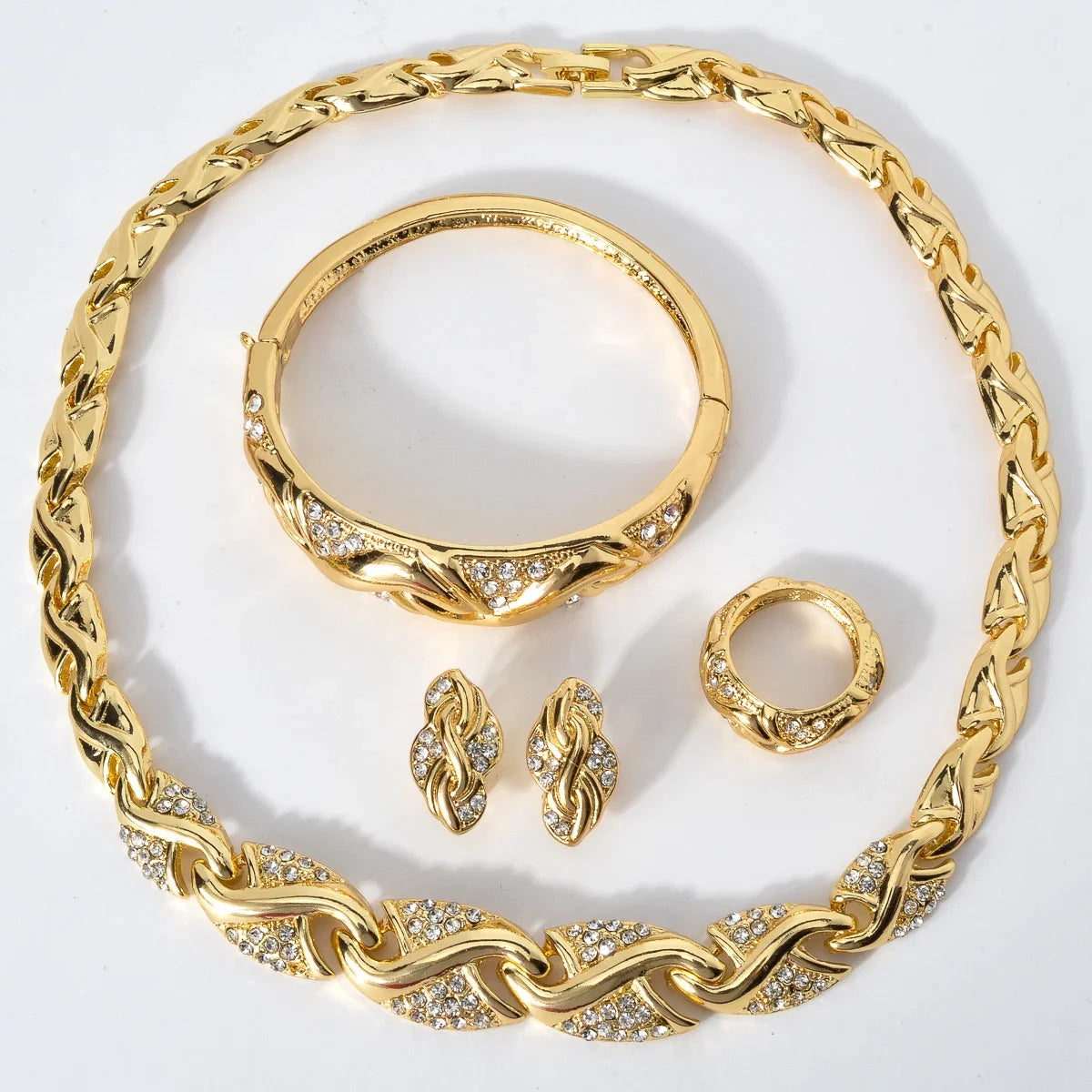 Dubai 18K Gold Plated Jewelry Set Women Luxurious Necklace Earrings Bracelet Ring 4pcs Bride Wedding Party Jewelry Set Gift